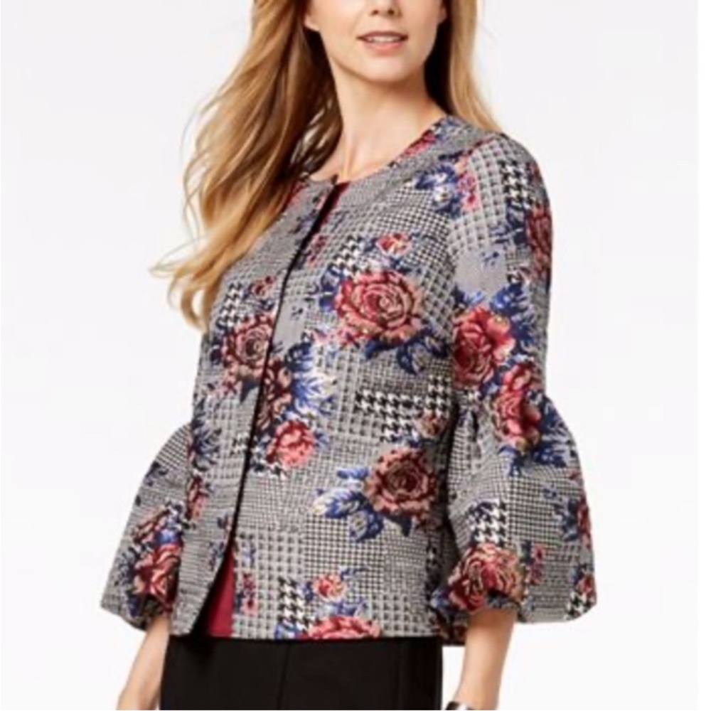 ALFANI Berry Shimmer Bubble-Sleeve Floral Jacket